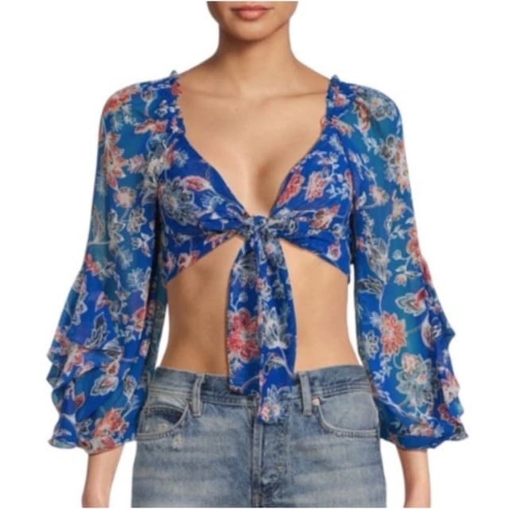NWOT MISA Los Angeles $275 Blue Floral V-Neck Smocked Crop Blouse Top Size M